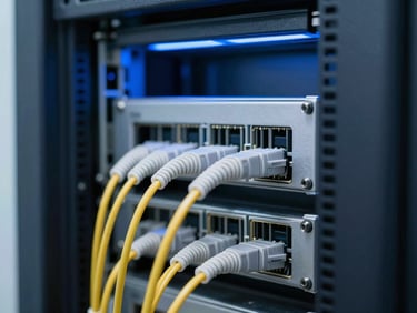 Macro detail of server rack wiring and fiber optic connections, cool interior blue lighting, professional technical environment, 35mm lens