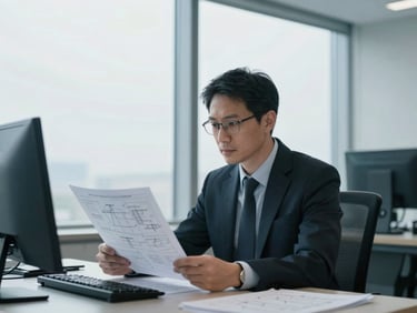 An expert in deep focus reviewing technical schematics in a high-end workspace, soft overcast window light, professional atmosphere, 35mm lens