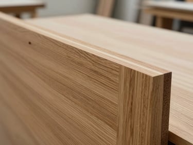 Detailed close-up shot of a master joiner matching wood grains on a premium natural oak panel inside a clean, modern Riyadh manufacturing facility. Soft side-lighting highlights the texture of the wood and the precision of the cut.