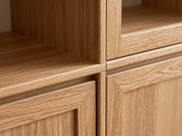 A detailed architectural landscape shot of a flawless wood joint on a custom cabinet, natural oak grain matching perfectly with absolute precision, warm side-lighting highlighting the clean textures.