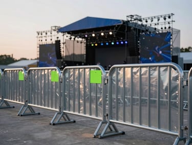 Galvanized steel crowd control barricades aligned in front of a massive concert stage at sunset, dramatic lighting, sharp focus