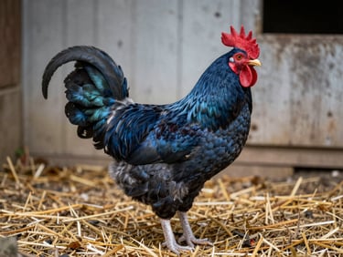 Silvrudds Blå rooster in three-quarter stance, slate-blue plumage under soft overcast light, straw-covered ground, close environmental framing with coop wall behind
