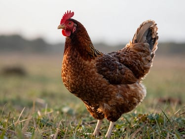 Maran hen in profile on a grassy run, dark copper feathering catching soft morning light, Deister foothills out of focus in the background, documentary framing