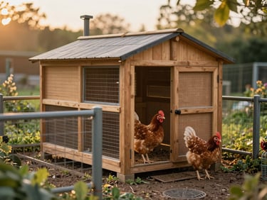 Wide shot of a compact wooden chicken coop in a garden setting at golden hour, two Brahma hens visible near the entrance, portable fencing in the foreground, soft warm backlight, no people