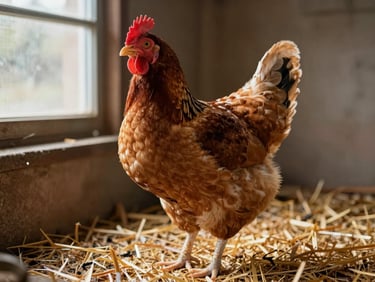 Close three-quarter portrait of a Brahma hen, dense feathered feet visible, standing on straw in a coop, natural diffused daylight from a side window, warm earth tones