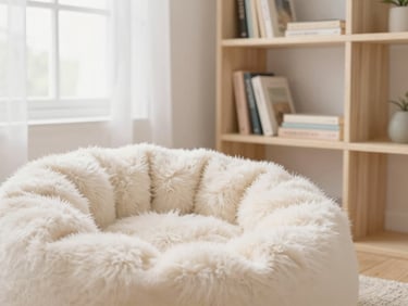 Close-up of faux fur bean lounger in a cozy corner, pastel wood floating book rack in background, soft natural window light, 35mm