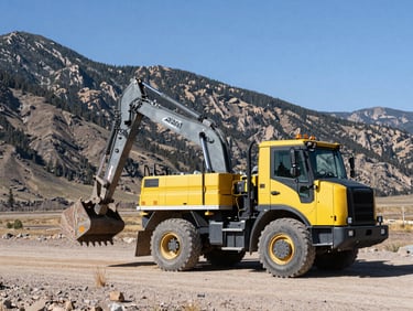 Panoramic view of a hydro-excavation truck working in a mountainous Colorado landscape, crisp daylight, high-contrast cool tones.