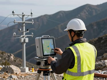 Technician operating GPS mapping equipment on a job site with exposed utility lines in the background, rugged mountain environment, crisp daylight.