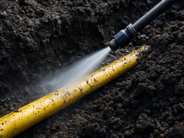 Close-up of a high-pressure water wand cutting through soil to expose a clean utility line, precise and controlled, rugged industrial photography, crisp mountain daylight.