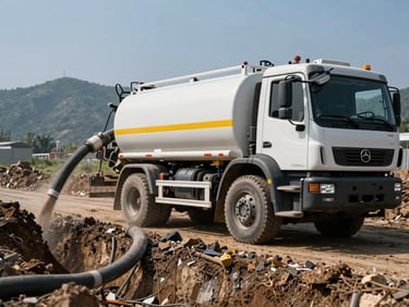 High-capacity vacuum truck hose actively removing debris from a trench, showing power and efficiency, rugged industrial photography, high-contrast cool tones.