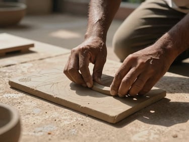 A close-up of hands arranging raw clay tiles on a sunlit stone courtyard in Bengaluru, showing architectural texture, sharp shadows, natural light.