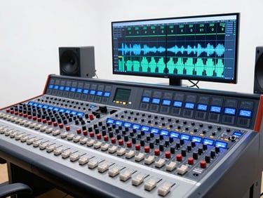 Bright high-key studio control room with a massive mixing console, glowing blue LED meters, and a large monitor displaying live audio waveforms, sharp focus, 35mm lens