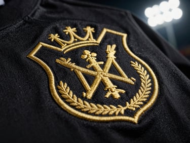 Macro close-up of embroidered gold crest on a black football jersey, dramatic high-contrast studio lighting, sharp fabric texture