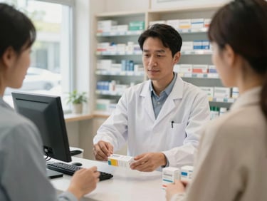Pharmacist at counter handing packaged medication to a customer, bright clean daylight interior, pharmacy shelves visible in background, warm professional framing, medium shot