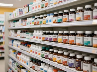 Wide pharmacy shelf shot, well-lit with clean daylight, rows of vitamin and supplement bottles neatly arranged, bright white shelving, warm professional lighting, medium environmental framing