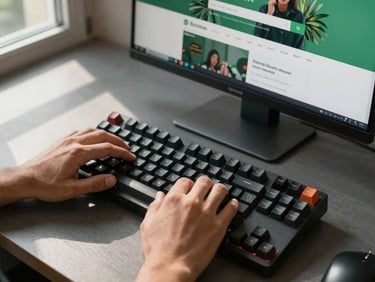 Close-up overhead shot of developer hands on a mechanical keyboard, a browser window with a live green-themed business website open on the monitor behind, natural daylight from a left window casting crisp shadows across the desk surface
