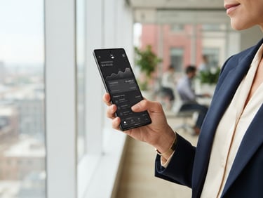 Medium close-up of a professional hand holding a modern smartphone displaying a secure banking application interface, bright natural morning light, clean corporate setting
