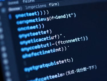 Macro shot of a dark code editor screen with glowing blue syntax highlighting, shallow depth of field, sharp focus on clean lines of code, cool blue studio lighting.