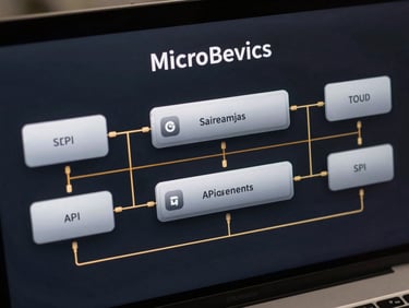 A clean, modern technical architecture diagram on a dark screen, showing microservices, secure API gateways, and automated deployment pipelines, with subtle gold accents.