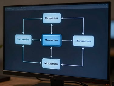 Modern network topology diagram on a dark monitor, showing load balancers and microservices, cool blue backlighting.