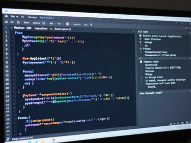 A high-fidelity IDE screenshot showing clean Python code and a terminal window with active deployment logs in cool blue and silver ambient backlighting.