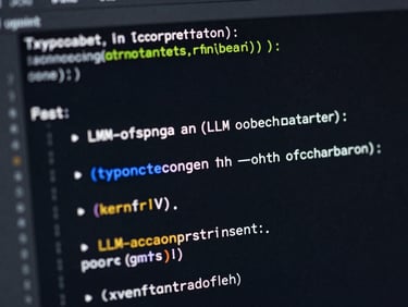 Close-up of clean TypeScript code configuring an LLM orchestrator in an IDE, dark interface, syntax highlighting.