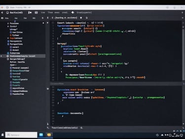 High-fidelity IDE screenshot showing clean Python and React code with active terminal logs and deployment status indicators on a dark screen.