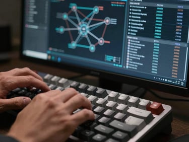 A close-up macro shot of a developer's hands on a mechanical keyboard, with a high-contrast monitor displaying complex network topology diagrams and system logs in cool silver tones.