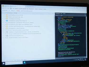 High-fidelity IDE screenshot showing active Python security scripts, terminal logs, and system topology diagram under cool blue lighting.