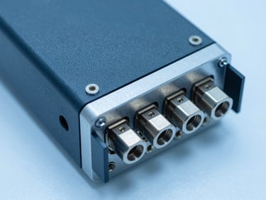 Extreme close-up of a ruggedized VME chassis, military-grade aluminum enclosure, cool clinical blue laboratory lighting, sharp macro focus on metallic connectors