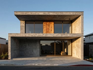 Straight-on architectural elevation of a concrete and timber coastal home, dramatic morning light, sharp shadows, minimalist design.