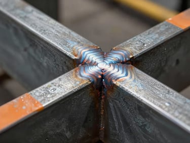 Extreme close-up of steel weld seam on a structural beam, orange safety-trim tape visible on the edge, warehouse overhead lighting casting sharp detail across the textured metal surface