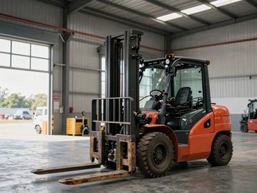 Wide environmental shot of heavy construction equipment — a forklift and pallet jack operating inside a large industrial warehouse, daylight from loading bay, concrete floor