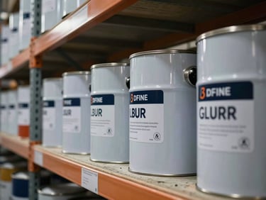 Close-up of paint cans and industrial coating drums lined on warehouse shelving, overhead fluorescent light, labels facing forward, muted industrial palette