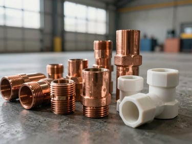 Close-up of copper pipe sections and PVC fittings arranged on a warehouse floor, natural daylight through loading bay doors, pipe threads visible