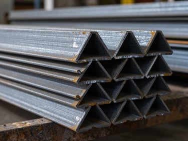 Extreme close-up of structural steel angle bars and H-beams stacked in a warehouse, warehouse overhead light casting hard shadows, raw steel texture