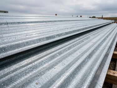 Wide shot of corrugated metal roofing sheets stacked on a construction site, overcast daylight, textured galvanized surface detail, perspective receding to the right