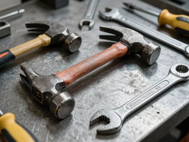 Extreme close-up of hand tools laid flat on a steel workbench — claw hammers, wrenches, and screwdrivers under warehouse overhead light, sharp material detail