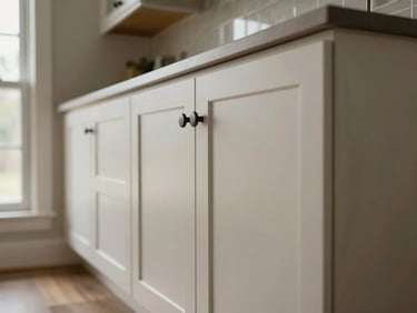 Wide room-integration shot of a completed kitchen cabinet installation in a DC-area home, natural window light from the left, full cabinet run visible showing door alignment, hardware, and countertop fit, no people