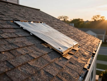 Close-up detail of a roof repair in progress on a DC-area home, golden hour natural light, damaged section removed and fresh underlayment visible alongside finished shingles, no people, honest mid-project framing