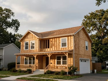 Wide environmental shot of a residential house mid-framing in a DC suburb, overcast golden-hour light, exposed wood stud walls and roof trusses visible, no workers, neighborhood trees in background