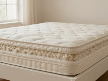 Premium multi-layered mattress showing raw organic cotton and wool layers, clean studio lighting