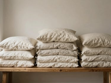 Heavy linen blankets and plush pillows stacked neatly on a minimalist wooden bench, warm tones
