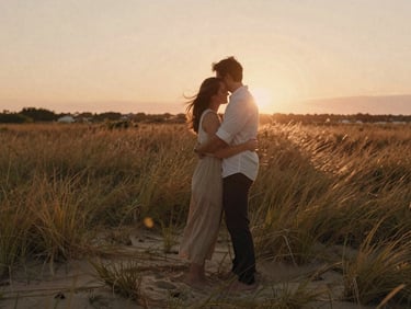Cinematic wide shot of a couple embracing in a wild grassy field at sunset, warm lens flare, natural wind-blown hair, soft sand and terracotta tones