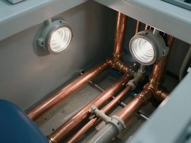 Overhead view of hydraulic rough-in pipes being fitted below a dental operatory floor, copper and PVC lines clearly visible, clinical strobes, tight documentary framing