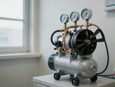 Dental air compressor unit mounted to a clinic utility room wall, gauges and copper distribution lines in focus, daylight from a high window, sharp technical framing