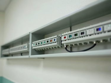 Close-up of a clean electrical conduit run along a clinic wall, cable trays precisely routed, daylight, documentary framing