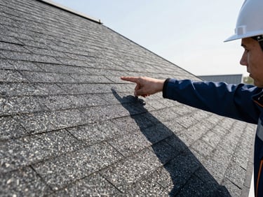 Haag-certified inspector in branded gear pointing at subtle structural details on an asphalt shingle roof, crisp morning light, tight macro shot.