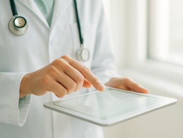 Crisp close-up of a doctor hands typing clinical notes on a clean tablet interface, bright daylight, subtle green accents, 35mm