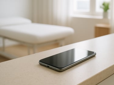 Minimalist composition of a sleek smartphone resting on a light stone counter in a high-end wellness clinic, soft natural light, 35mm